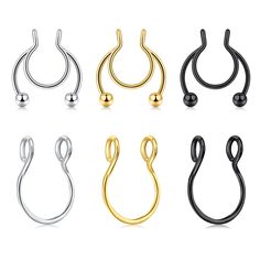 six pairs of gold, silver and black nose rings with hooks on each one side