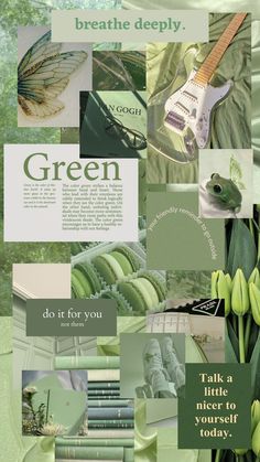 a collage of green images with words and pictures on them that say, breathe deeply