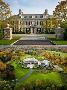 an aerial view of a large mansion in the fall and after it has been renovated