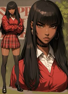 an anime character with long black hair wearing a red school uniform and standing in front of a sign