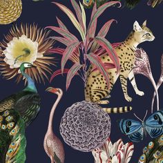 a painting of different animals and flowers on a blue background