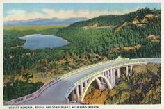 an old postcard shows a scenic view of a bridge over a river and mountains