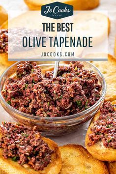 the best olive tapenade recipe in a glass bowl on top of toasted bread