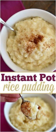 instant pot rice pudding in a white bowl with cinnamon sprinkles