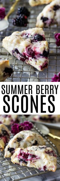 blueberry scones on a cooling rack with the words, summer berry scones