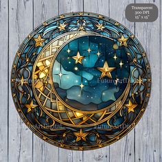 a circular stained glass window with stars in the night sky and clouds above it on a wooden background