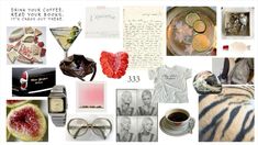 a collage of various items including sunglasses, coffee cup, and other things that are on display