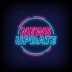 the news update neon sign on a dark brick wall with blue and pink lights in the middle