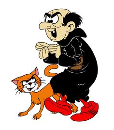 a cartoon character kneeling down next to a cat