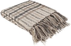 a plaid blanket with fringes on the bottom and one in grey, white and black