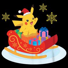 a cartoon pikachu riding in a sleigh with presents on it's back