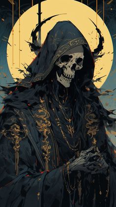 a skeleton wearing a black robe and holding a knife in front of a full moon