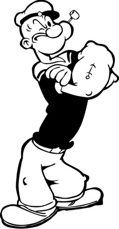 a black and white drawing of a cartoon character holding onto another character's arm