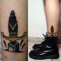 two tattoos on the legs of people who are both wearing black boots and one has a tattoo with an image of a rocket ship