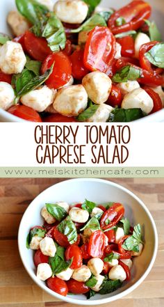 a salad made with cherry tomatoes, spinach and mozzarella in a white bowl