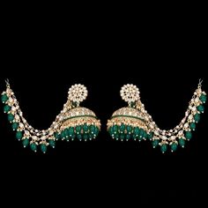 Green Indian Jhumka Earrings with kundan and pearls. Luxury Hand-set Green Jhumkas, Luxury Kundan Jhumkas With Stone Work, Luxury Kundan Jhumkas For Eid, Luxury Kundan Earrings With Latkans, Luxury Green Jhumkas For Festivals, Luxury Festive Jhumkas With Latkans, Purple Jhumka Earrings, Jhumka With Ear Chain, Green Earrings Indian