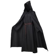 a black cloak with a hood and belt