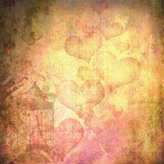 an artistic painting with hearts and a birdcage in the middle on a grungy background