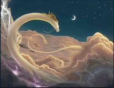 a white dragon flying through the sky above clouds