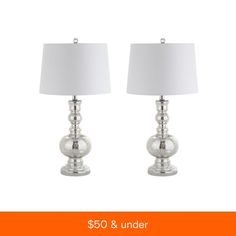 two lamps with white shades on each lamp and the price is $ 50 & under