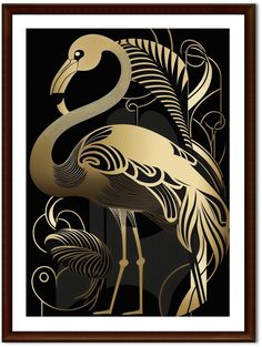 a black and gold art print with a flamingo