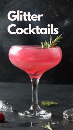 a pink cocktail with rosemary garnish and the words glitter cocktails above it