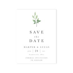 save the date card with green leaves on it