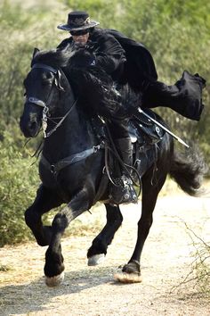 a man riding on the back of a black horse down a dirt road next to bushes