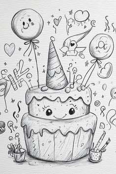 Smiling Birthday Cake with Balloons Birthday Sketches Pencil, Happy Birthday Drawings Easy, Cute Happy Birthday Doodles, Cake Doodle Drawing, Drawing Ideas Birthday, Bday Doodles, Birthday Cake Sketch, Birthday Cake Doodle, Cute Happy Birthday Drawings