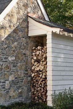 a stack of firewood sitting in the corner of a building next to a tree