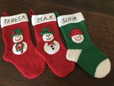 three knitted christmas stockings with snowmen on them and the words tresta max sofia