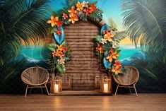 a tropical backdrop with chairs and candles