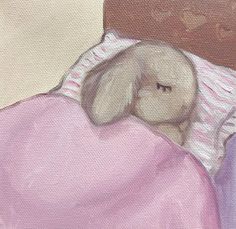 a painting of a stuffed animal laying in bed under a pink blanket on a brown chair