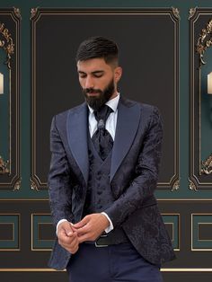 4 Piece Mens Slim Fit Blue Floral Tuxedo Peak Lapel | Weddings and special Occasions Tuxedo Superior Quality Package includes  Jacket, Vest, Pants, Tuxedo Tie, Tuxedo Shirt, brooch flower.  Shipped in large box to preserve the shape  Top quality guaranteed Blue Tuxedo Style Three-piece Suit For Wedding, Elegant Wedding Tuxedo With Custom Fit, Elegant Wedding Tuxedo For Festive Occasion, Elegant Custom Fit Wedding Sets, Tailored Blue Tuxedo For Wedding, Luxury Wedding Tuxedo With Custom Fit, Luxury Custom Fit Wedding Tuxedo, Blue Three-piece Suit For Ceremony, Luxury Custom-fit Wedding Tuxedo