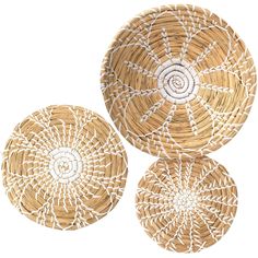 three woven baskets with white designs on them, one is round and the other is circular