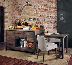 a dining room with brick walls and wooden furniture