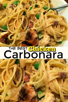 the best chicken carbonara recipe is made with noodles, peas, and meats