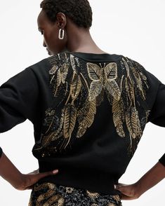 Separo Embellished Wing Sweatshirt Black | ALLSAINTS US Wing Artwork, Butterfly Sweatshirt, Sweat Top, Long Sleeve Sequin, Sweaters And Jeans, Guest Outfit, Sweater Black, All Saints, Denim Shop