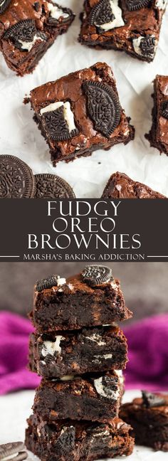 fudgey oreo brownies are stacked on top of each other with oreos