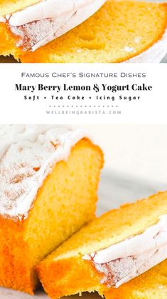 two pictures of lemon and yogurt cake, one with frosting on top