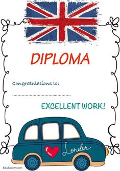 a certificate with an image of a blue car and the words diploma written on it