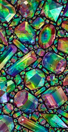 an abstract background with many different colored stones and crystals in the center, all on one side