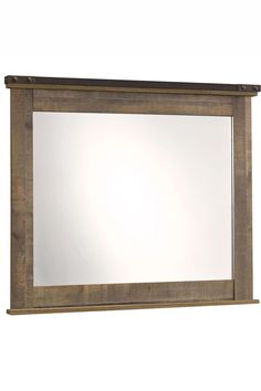 a wooden framed mirror on a white wall