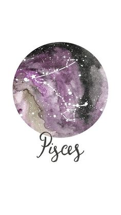 the zodiac sign pisces is in front of a purple circle with stars on it