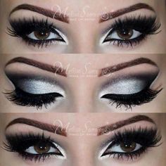 Showgirl Makeup, Black And Silver Eye Makeup, Goth Eye Makeup, Silver Eye Makeup, Grey Makeup, Silver Makeup, Silver Eyeshadow, Prom Eye Makeup