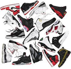 a bunch of shoes that are all in different colors and sizes on a white background