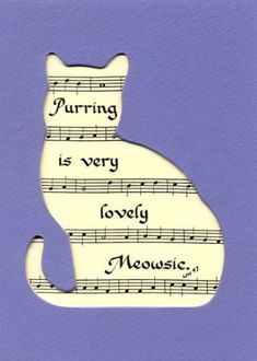 a white cat with musical notes on it's back and the words purring is very lovely