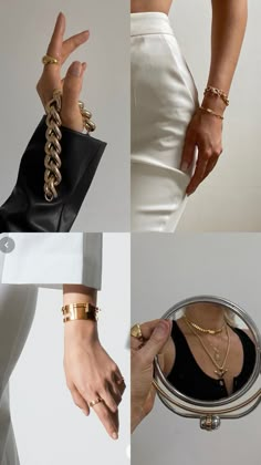 four different images of woman's hands with gold bracelets and rings on them