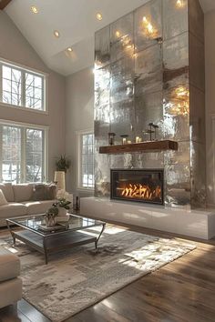 a living room with couches and a fire place in the middle of the room