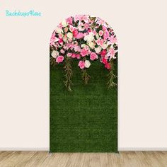 Arched backdrop with vibrant pink and white floral design on green background Arch Backdrop, Beautiful Memories, Wall Backdrops, Floral Theme, Backdrop Stand, Three Piece, Floral Designs, Rustic Wood, Elastic Band